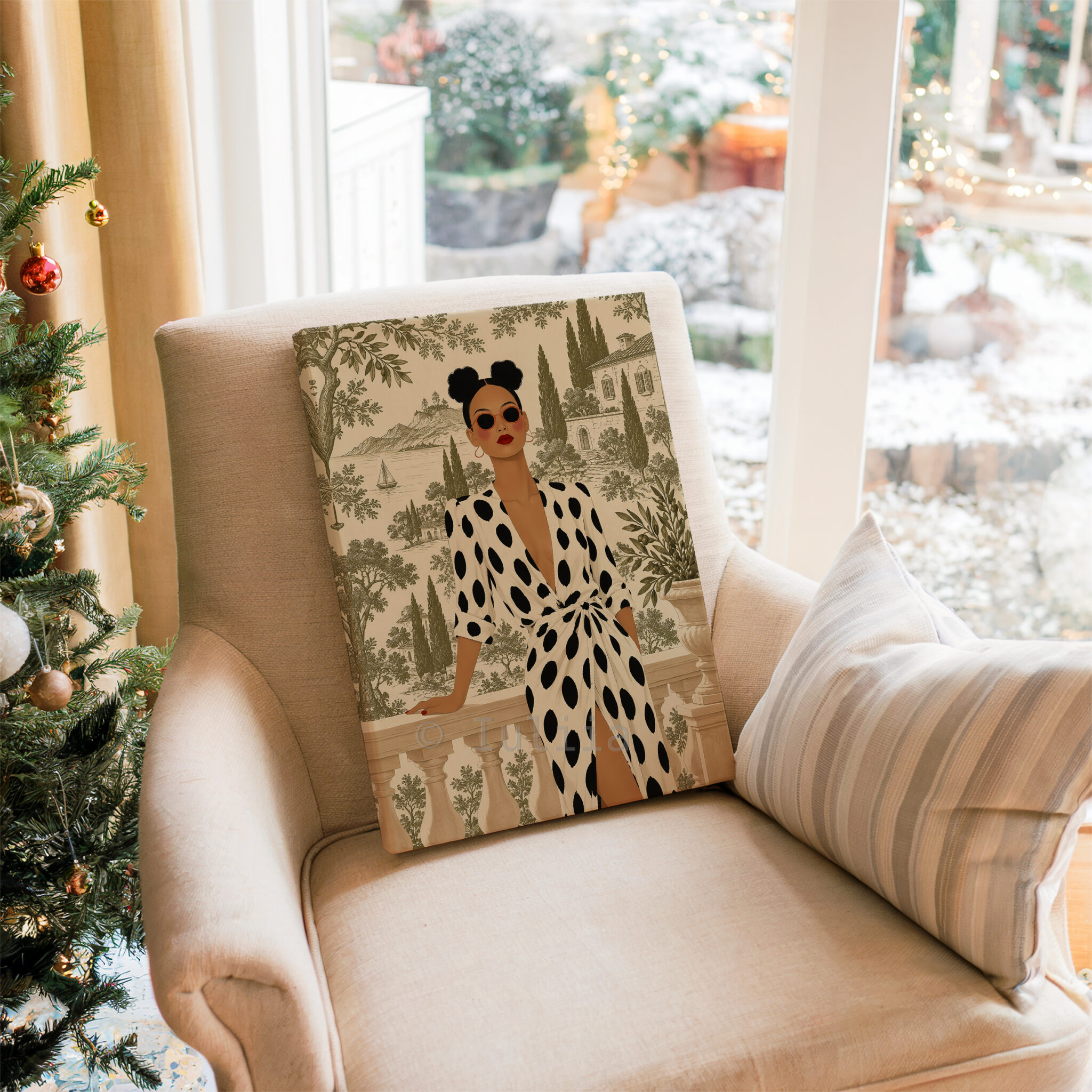 Olive Scenic Canvas, Chic Woman in Black Polka Dot Dress, Lakeside Villa and Cypress Trees, Elegant European Portrait Artwork for Home Decor - photo #15