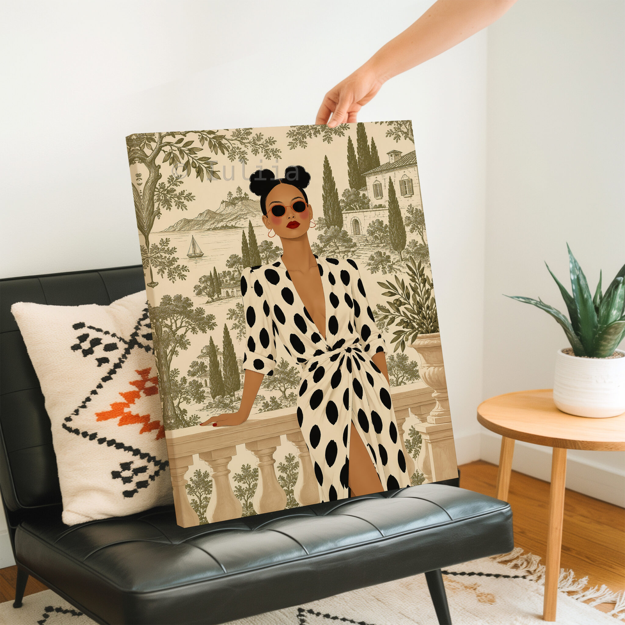 Olive Scenic Canvas, Chic Woman in Black Polka Dot Dress, Lakeside Villa and Cypress Trees, Elegant European Portrait Artwork for Home Decor - photo #2