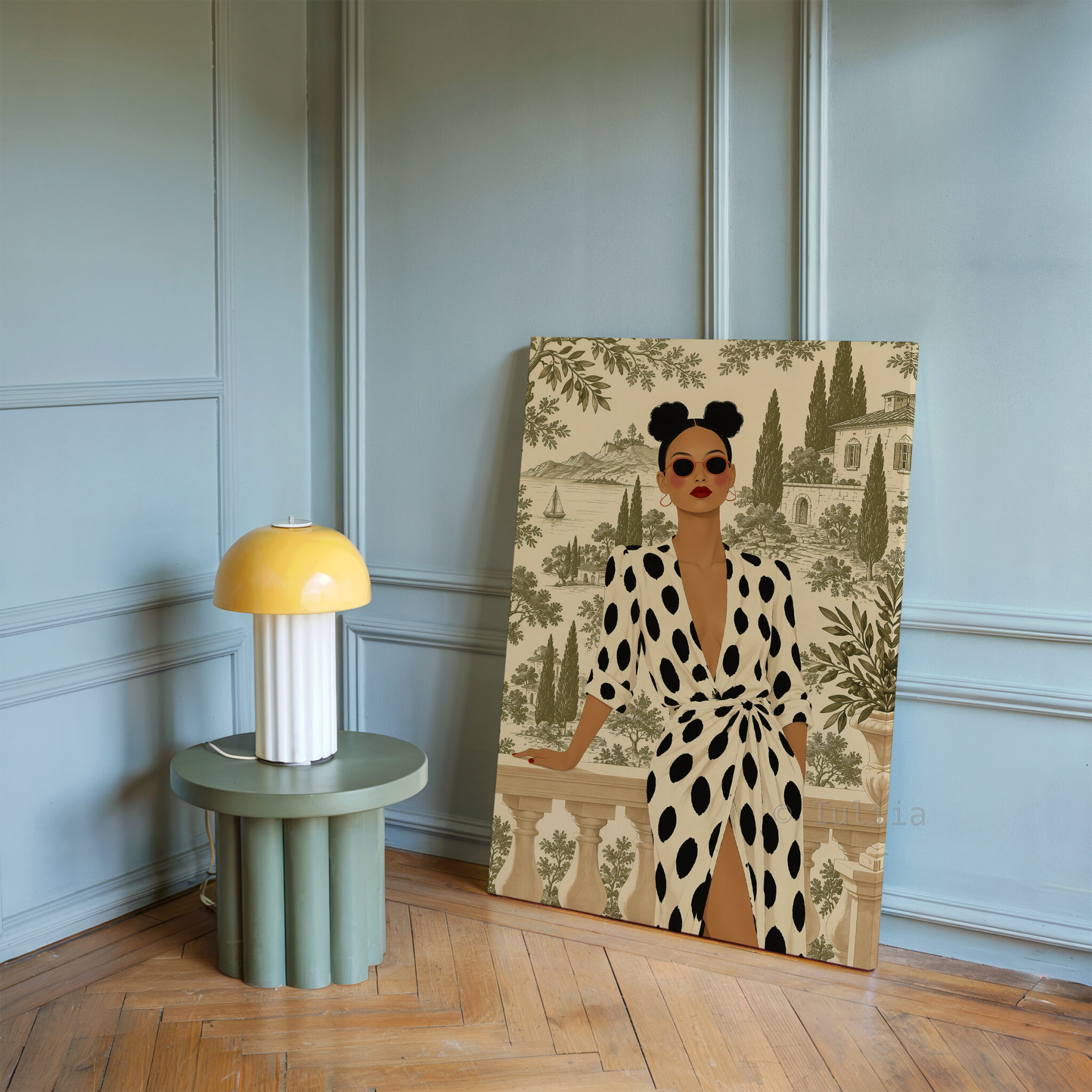 Olive Scenic Canvas, Chic Woman in Black Polka Dot Dress, Lakeside Villa and Cypress Trees, Elegant European Portrait Artwork for Home Decor - photo #17