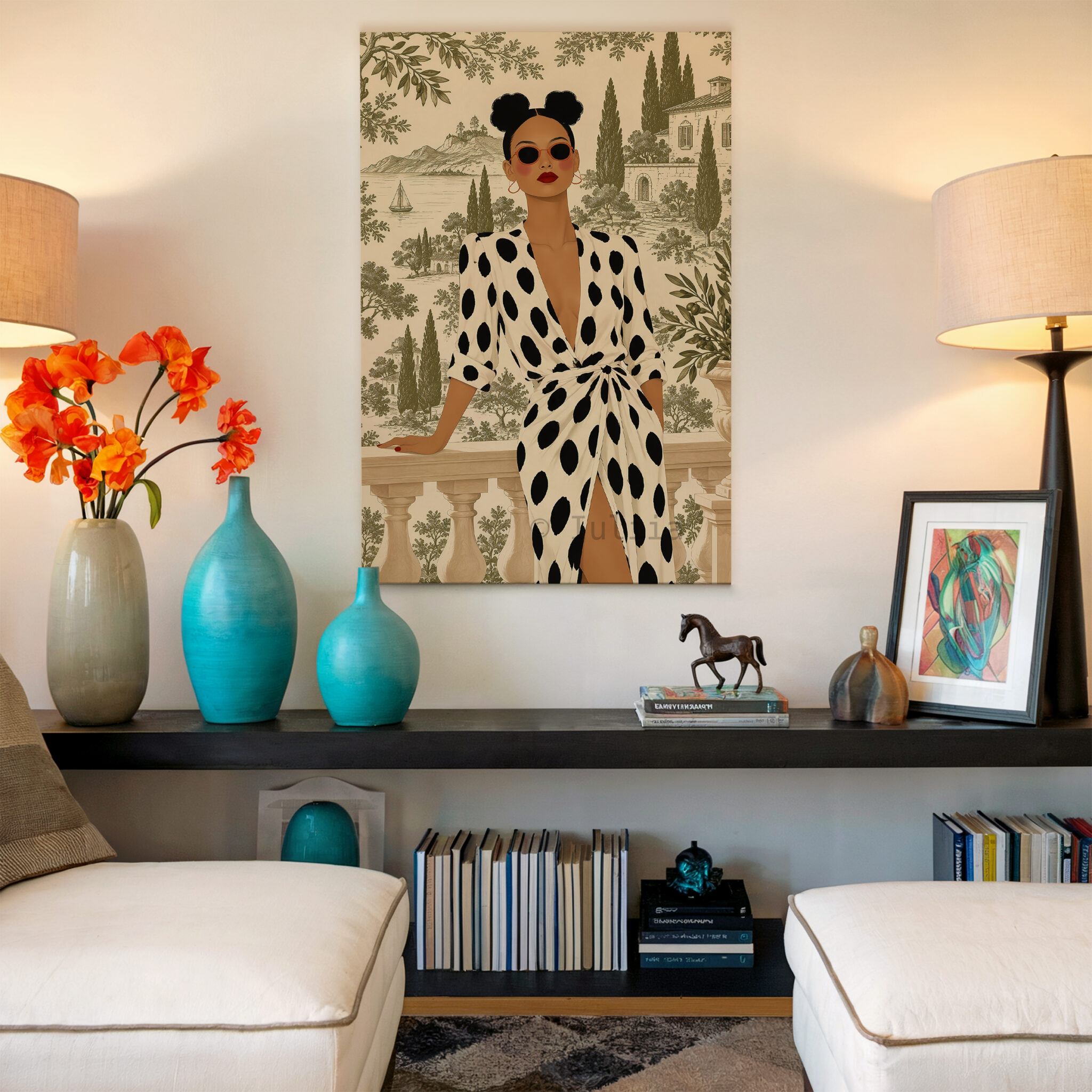 Olive Scenic Canvas, Chic Woman in Black Polka Dot Dress, Lakeside Villa and Cypress Trees, Elegant European Portrait Artwork for Home Decor - photo #16