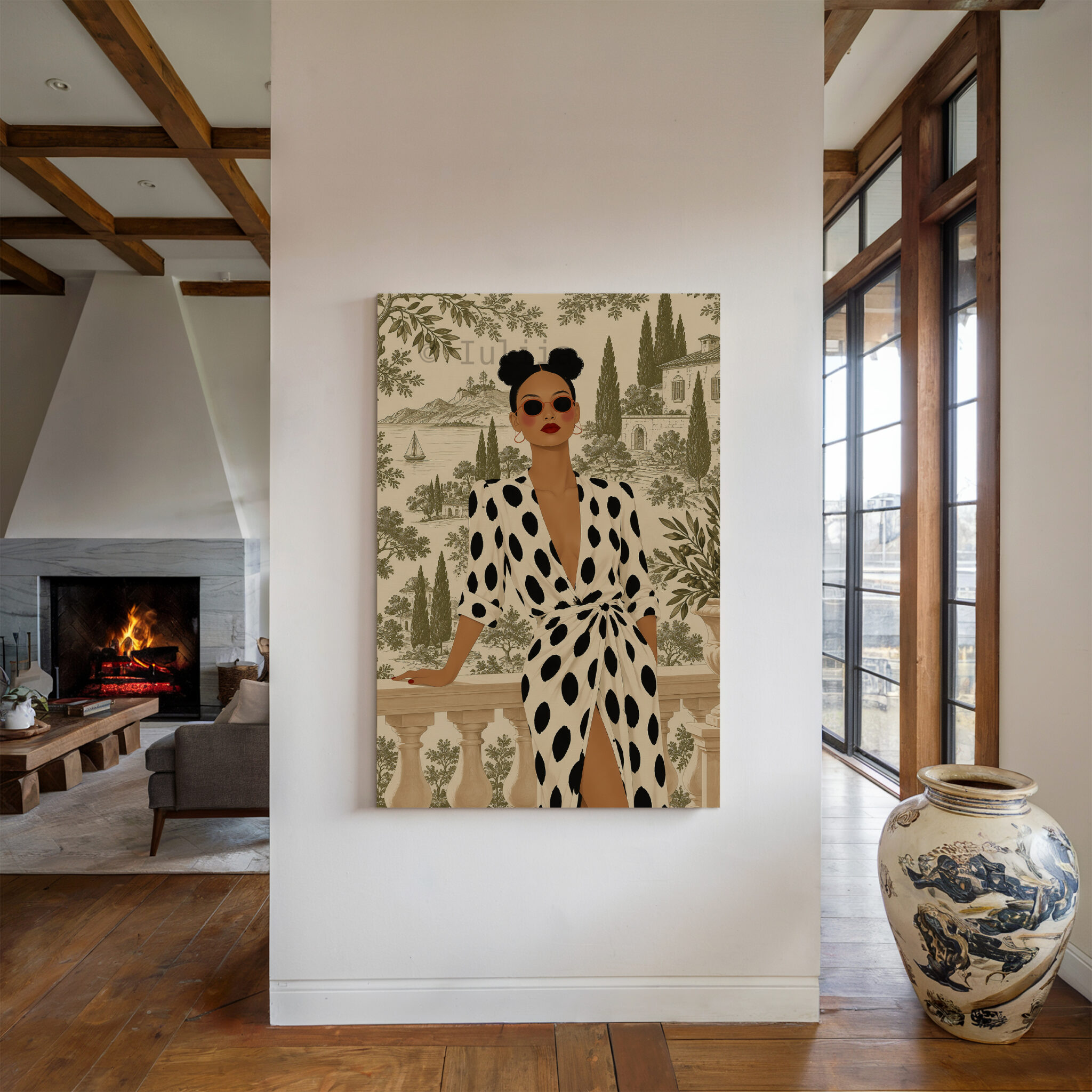 Olive Scenic Canvas, Chic Woman in Black Polka Dot Dress, Lakeside Villa and Cypress Trees, Elegant European Portrait Artwork for Home Decor - photo #4