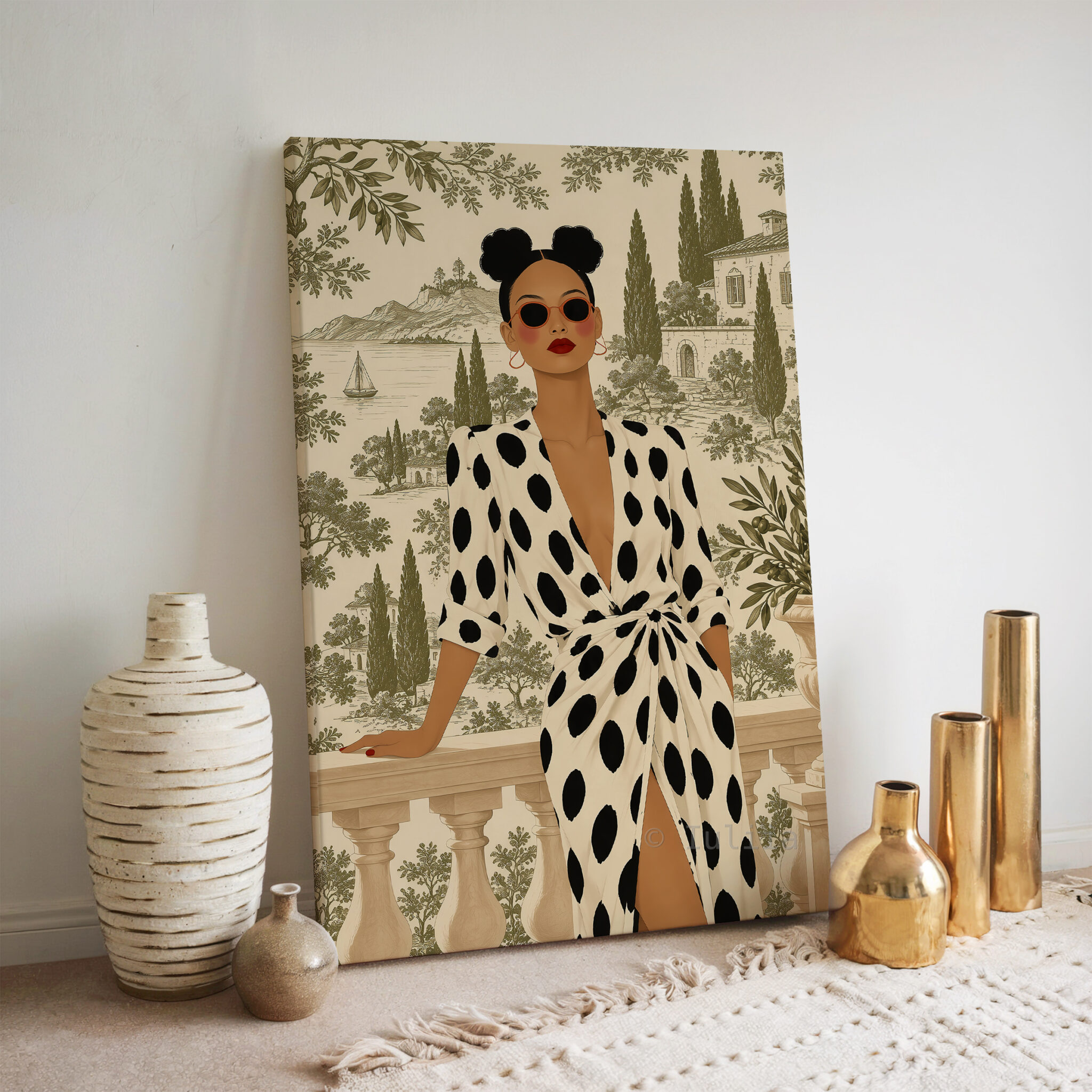 Olive Scenic Canvas, Chic Woman in Black Polka Dot Dress, Lakeside Villa and Cypress Trees, Elegant European Portrait Artwork for Home Decor - photo #6
