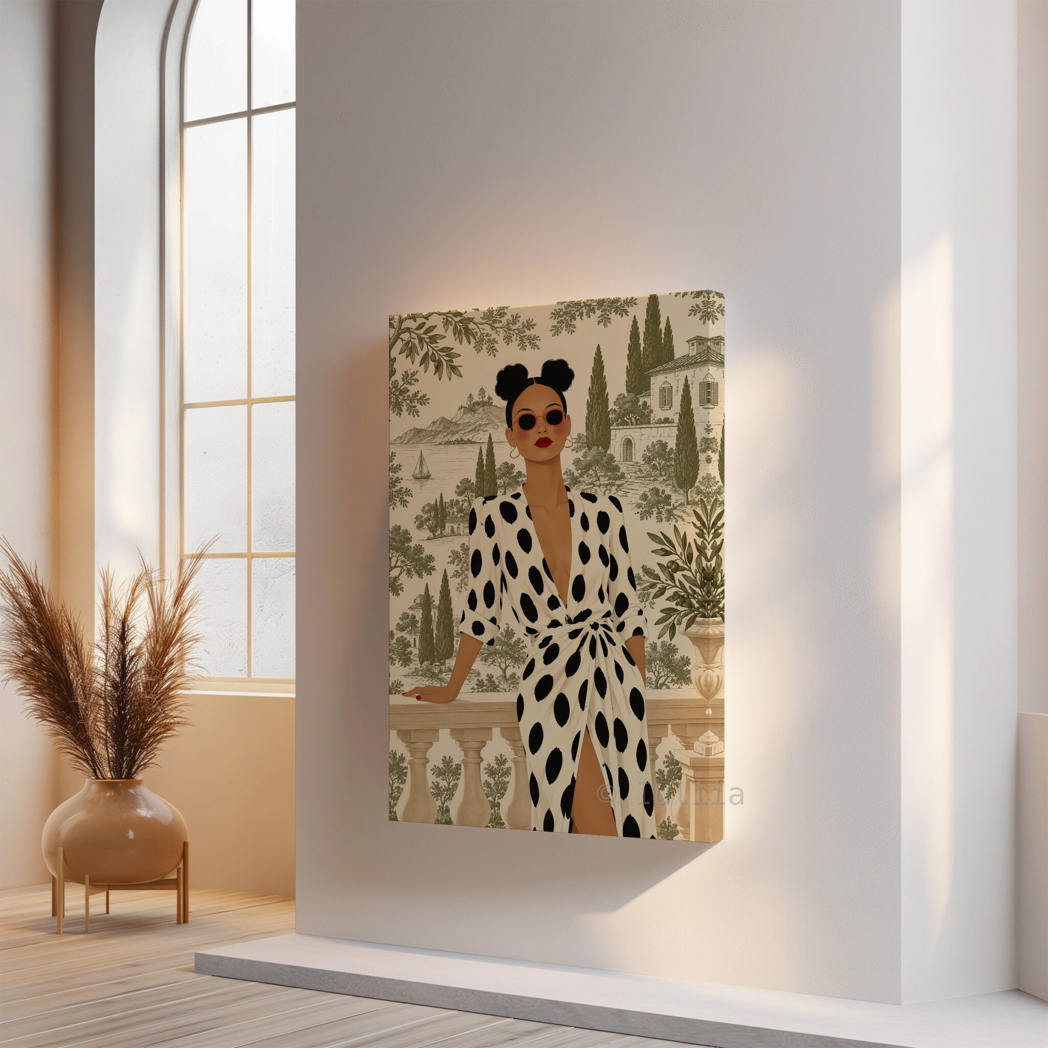 Olive Scenic Canvas, Chic Woman in Black Polka Dot Dress, Lakeside Villa and Cypress Trees, Elegant European Portrait Artwork for Home Decor - photo #14