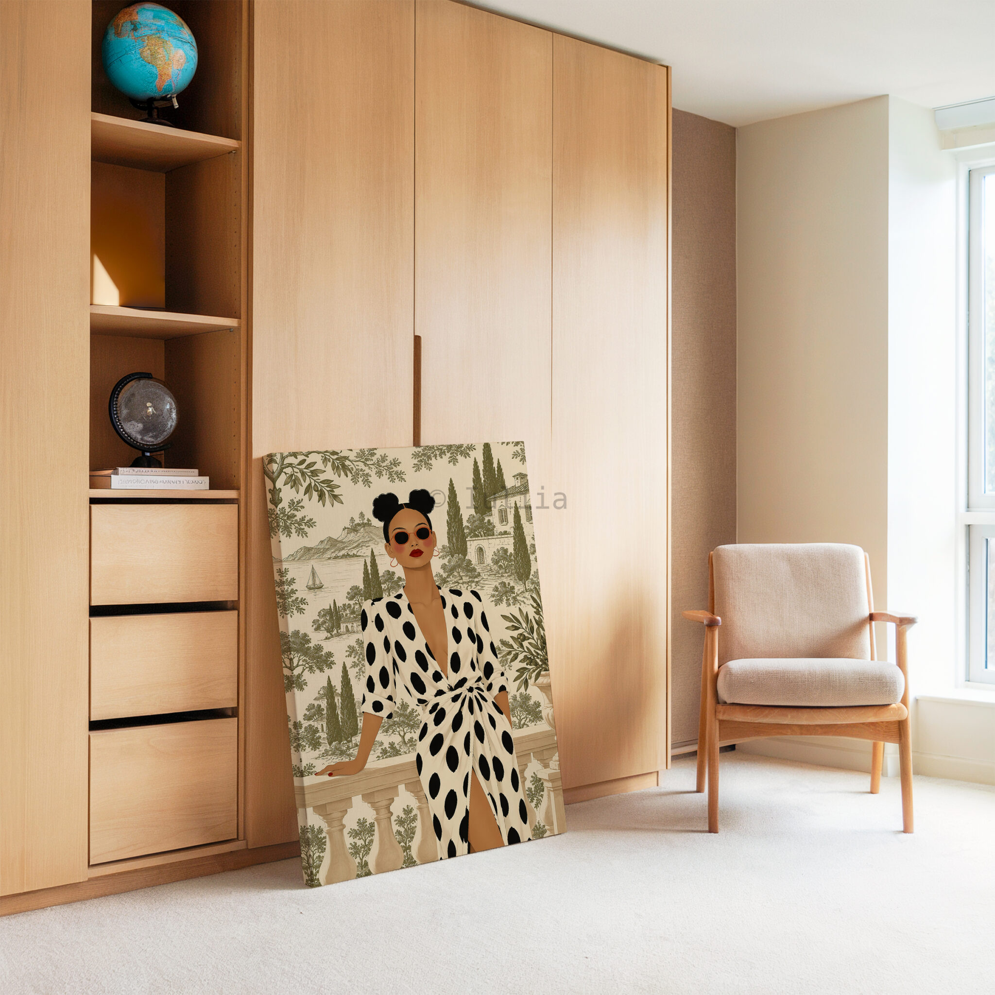 Olive Scenic Canvas, Chic Woman in Black Polka Dot Dress, Lakeside Villa and Cypress Trees, Elegant European Portrait Artwork for Home Decor - photo #3