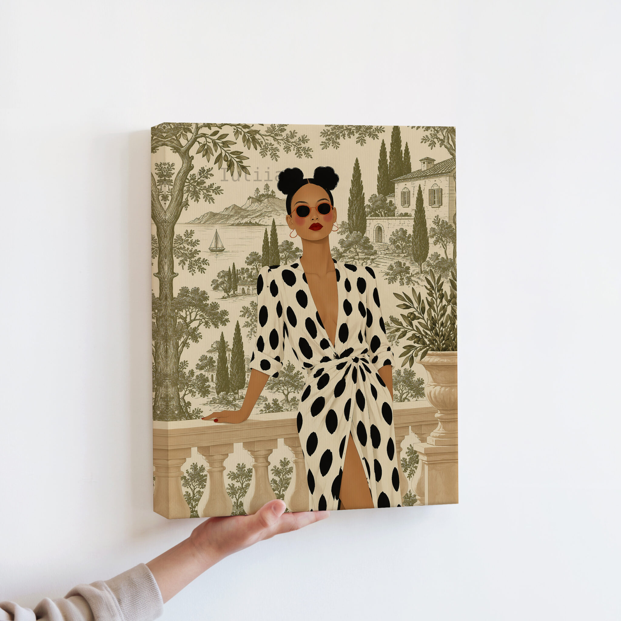 Olive Scenic Canvas, Chic Woman in Black Polka Dot Dress, Lakeside Villa and Cypress Trees, Elegant European Portrait Artwork for Home Decor - photo #12
