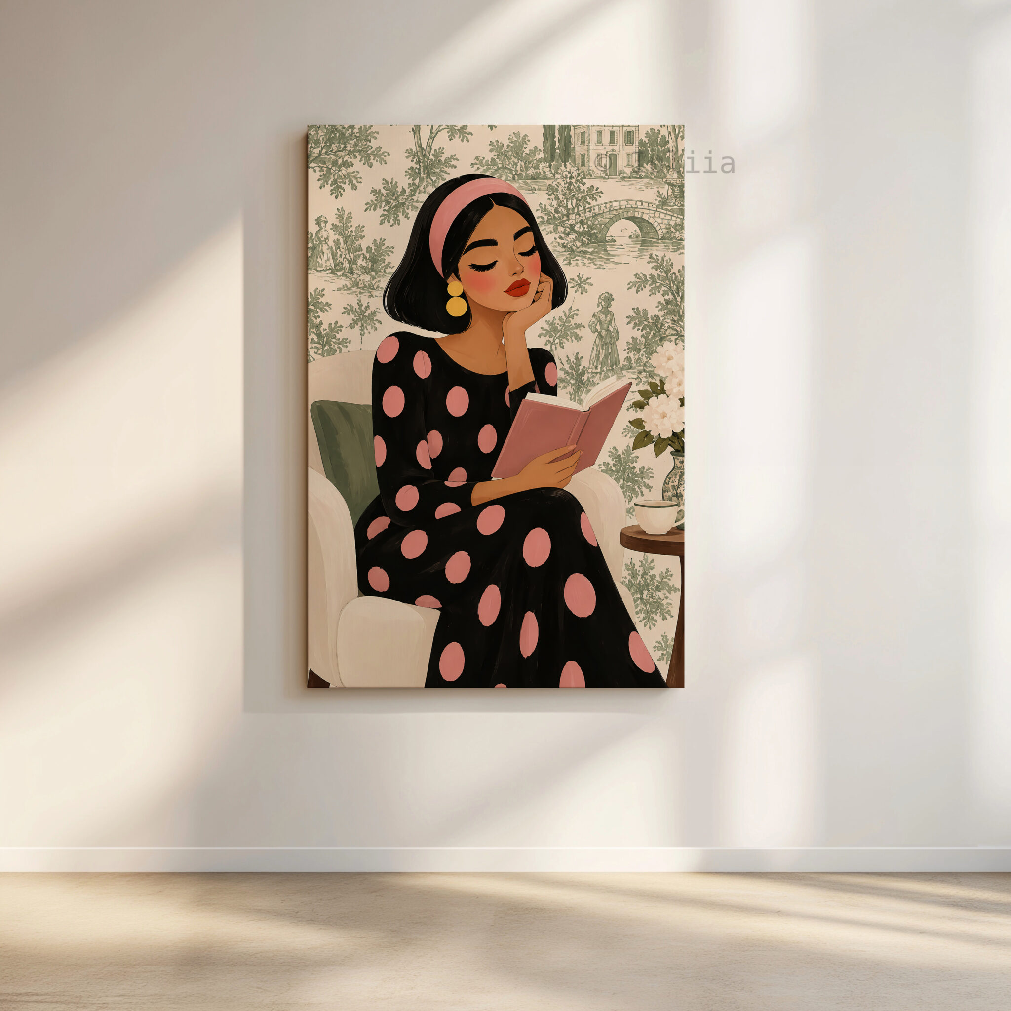 Romantic Vintage Canvas, Woman Reading a Pink Book in Polka Dot Dress, French Inspired Wall Art