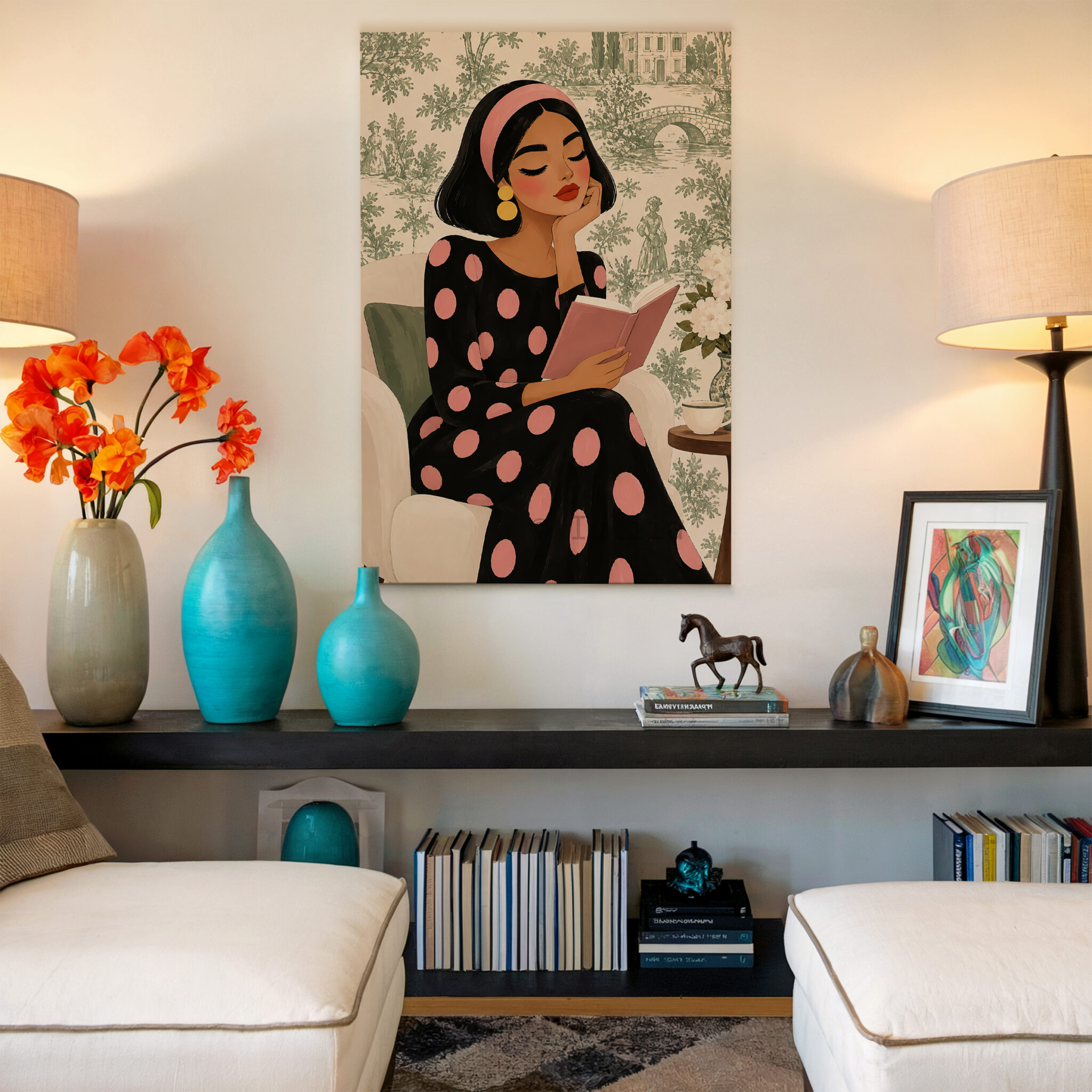 Romantic Vintage Canvas, Woman Reading a Pink Book in Polka Dot Dress, French Inspired Wall Art - photo #17