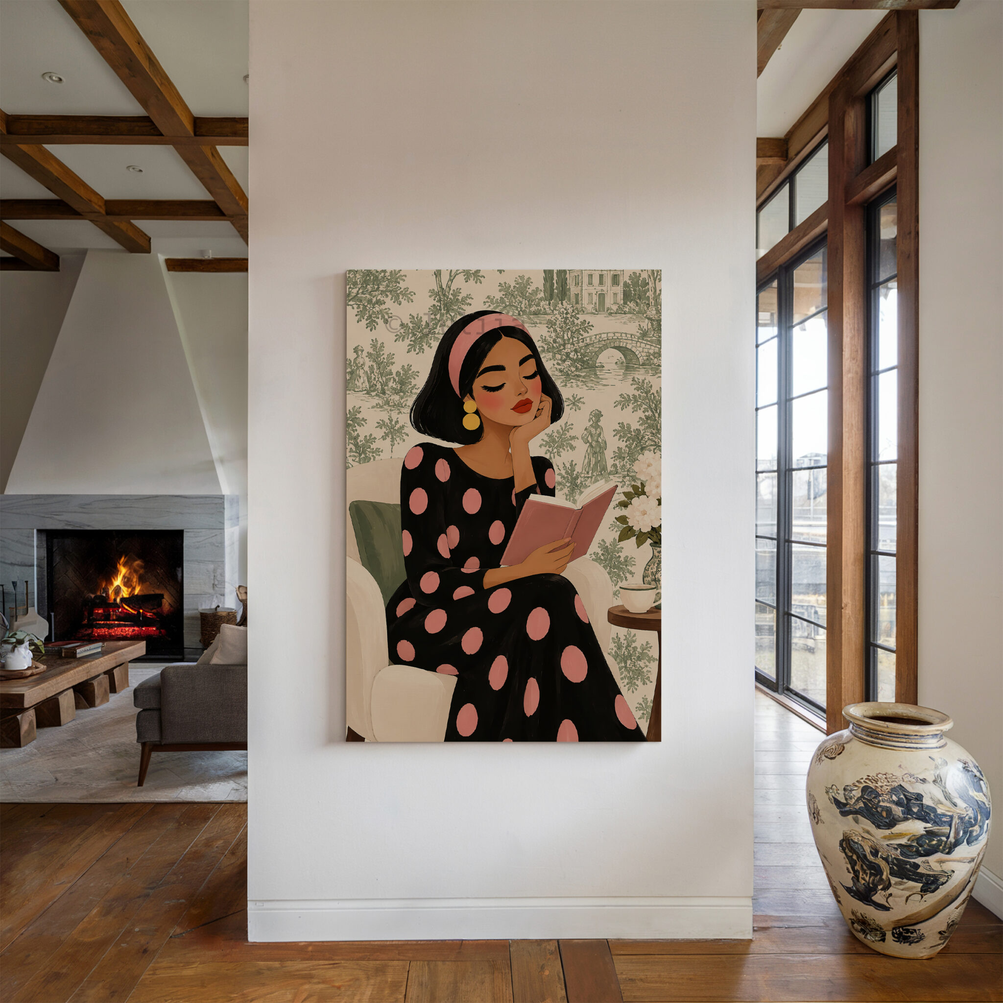 Romantic Vintage Canvas, Woman Reading a Pink Book in Polka Dot Dress, French Inspired Wall Art - photo #4