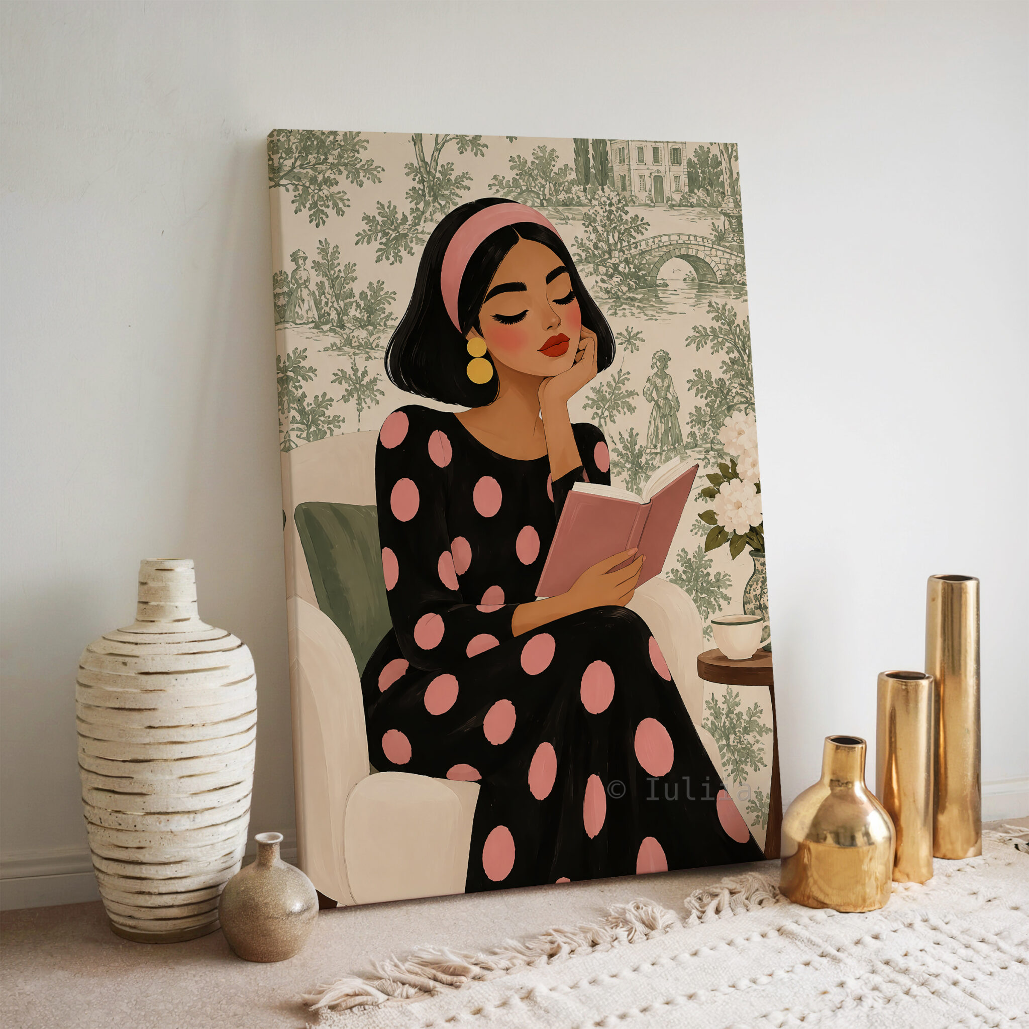 Romantic Vintage Canvas, Woman Reading a Pink Book in Polka Dot Dress, French Inspired Wall Art - photo #6