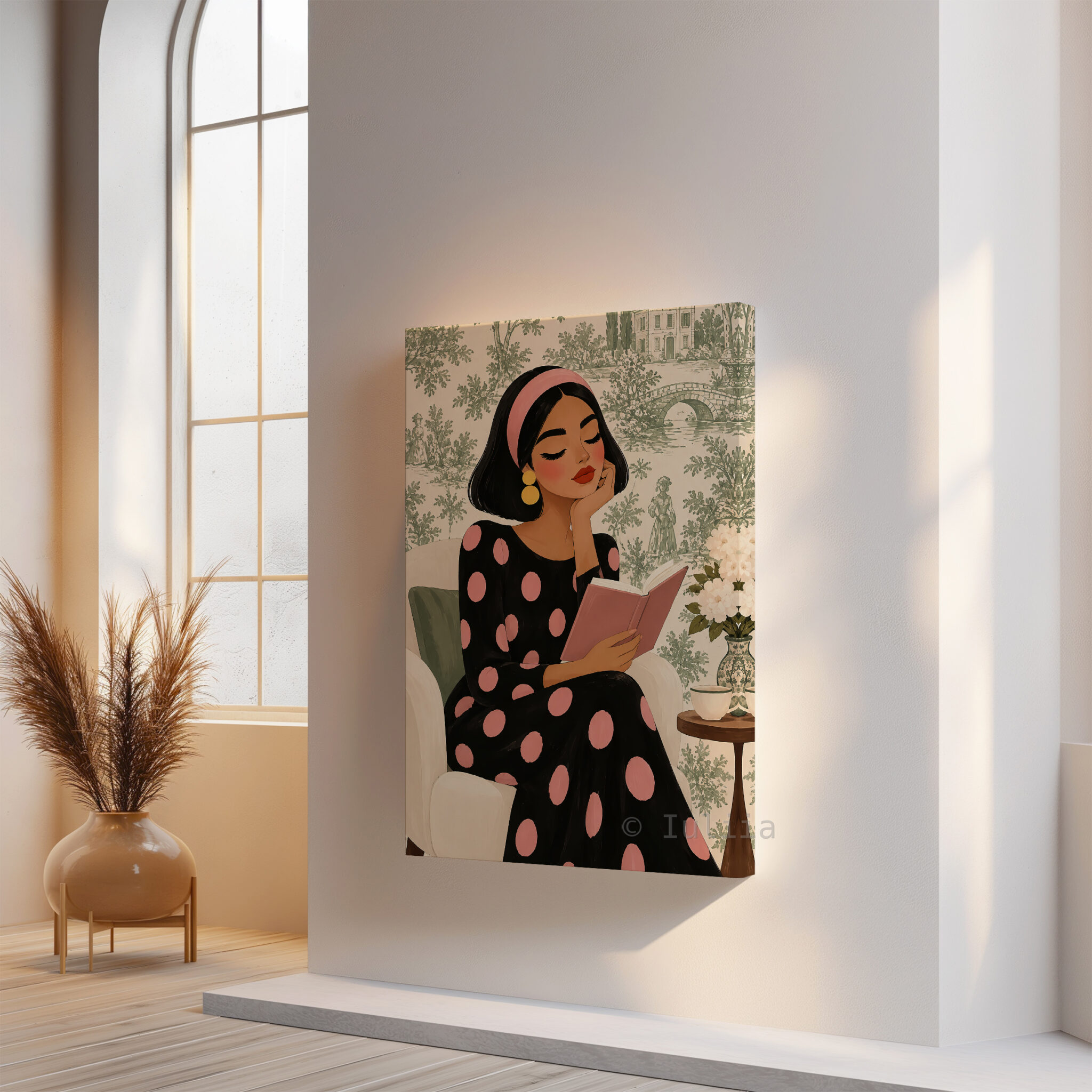 Romantic Vintage Canvas, Woman Reading a Pink Book in Polka Dot Dress, French Inspired Wall Art - photo #14
