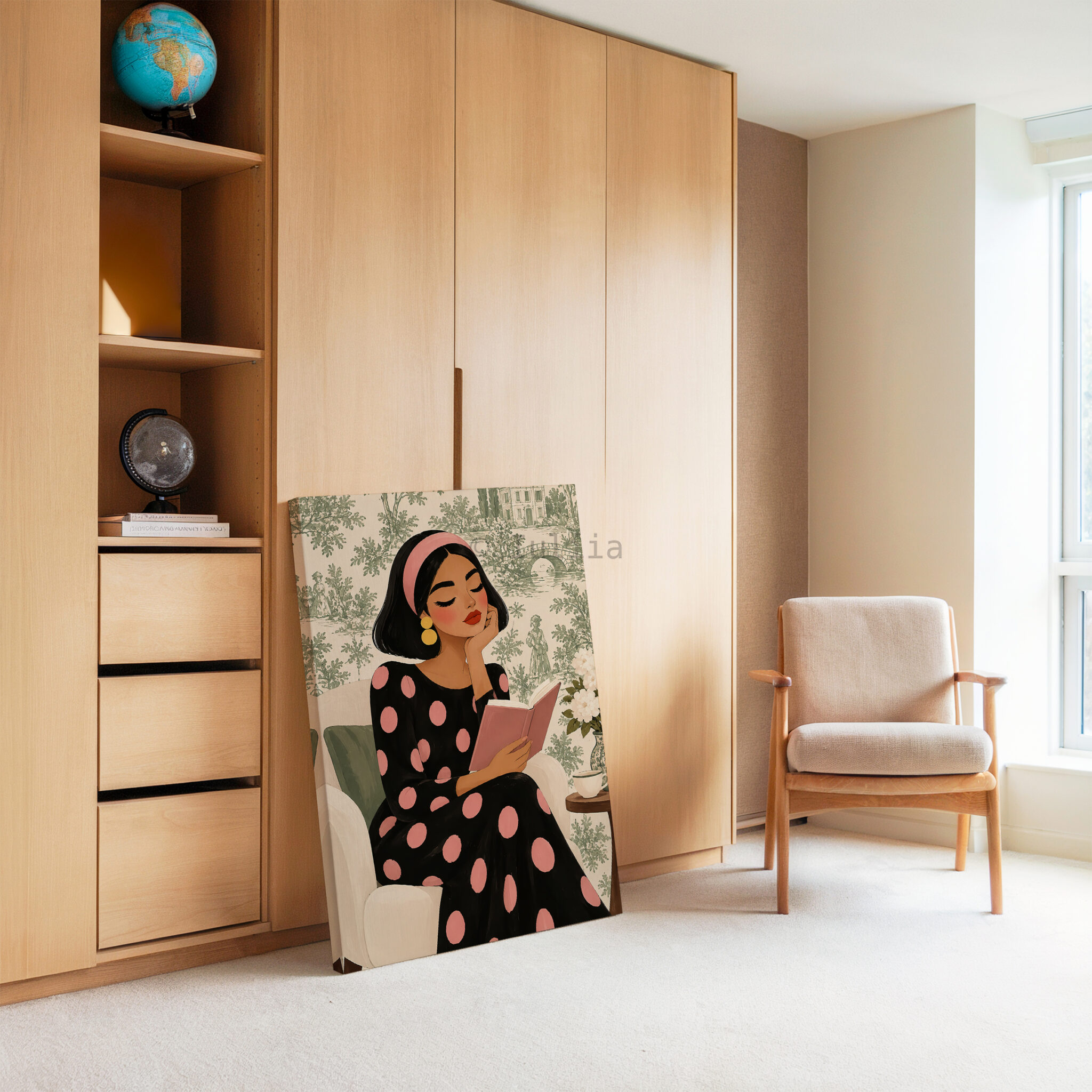 Romantic Vintage Canvas, Woman Reading a Pink Book in Polka Dot Dress, French Inspired Wall Art - photo #3