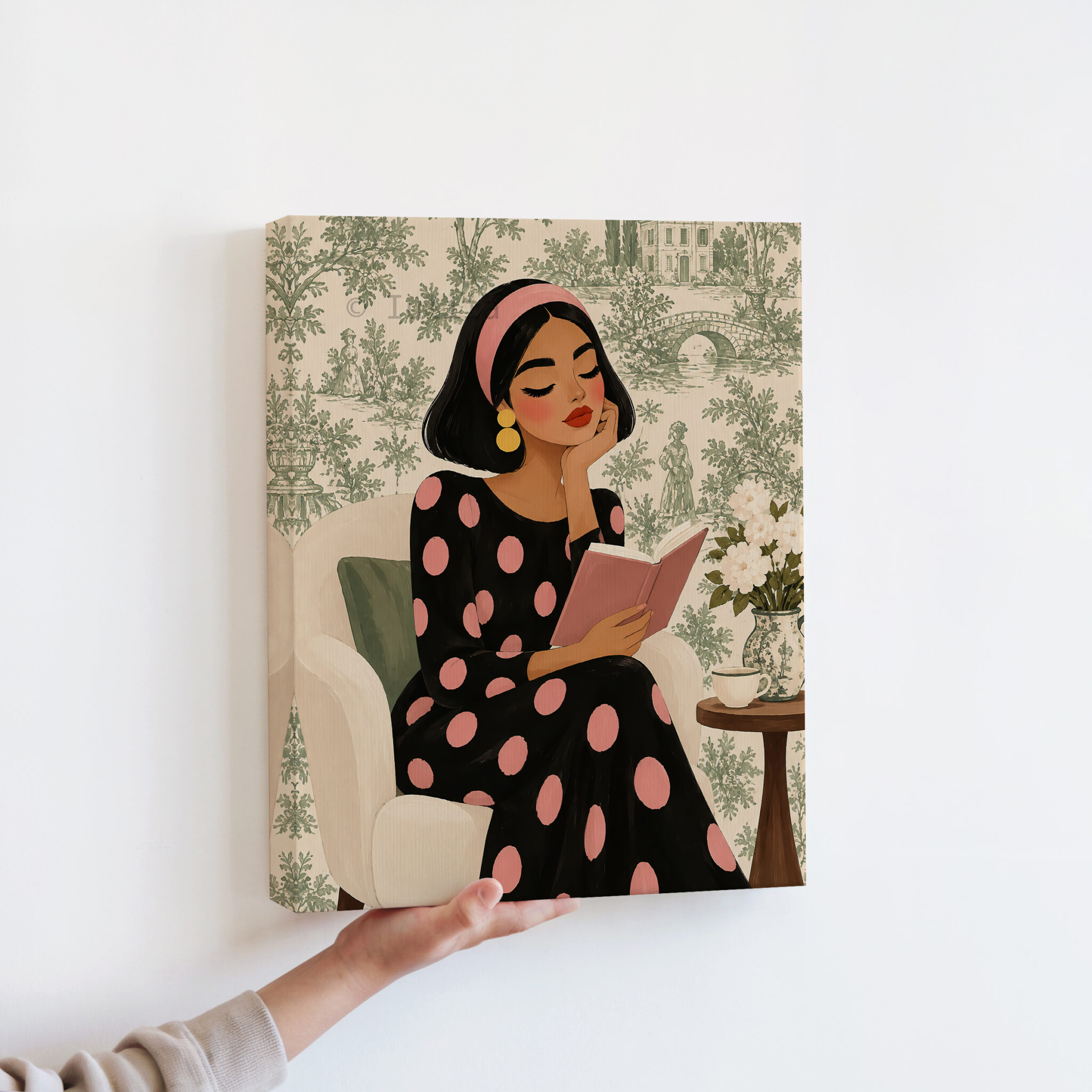 Romantic Vintage Canvas, Woman Reading a Pink Book in Polka Dot Dress, French Inspired Wall Art - photo #12