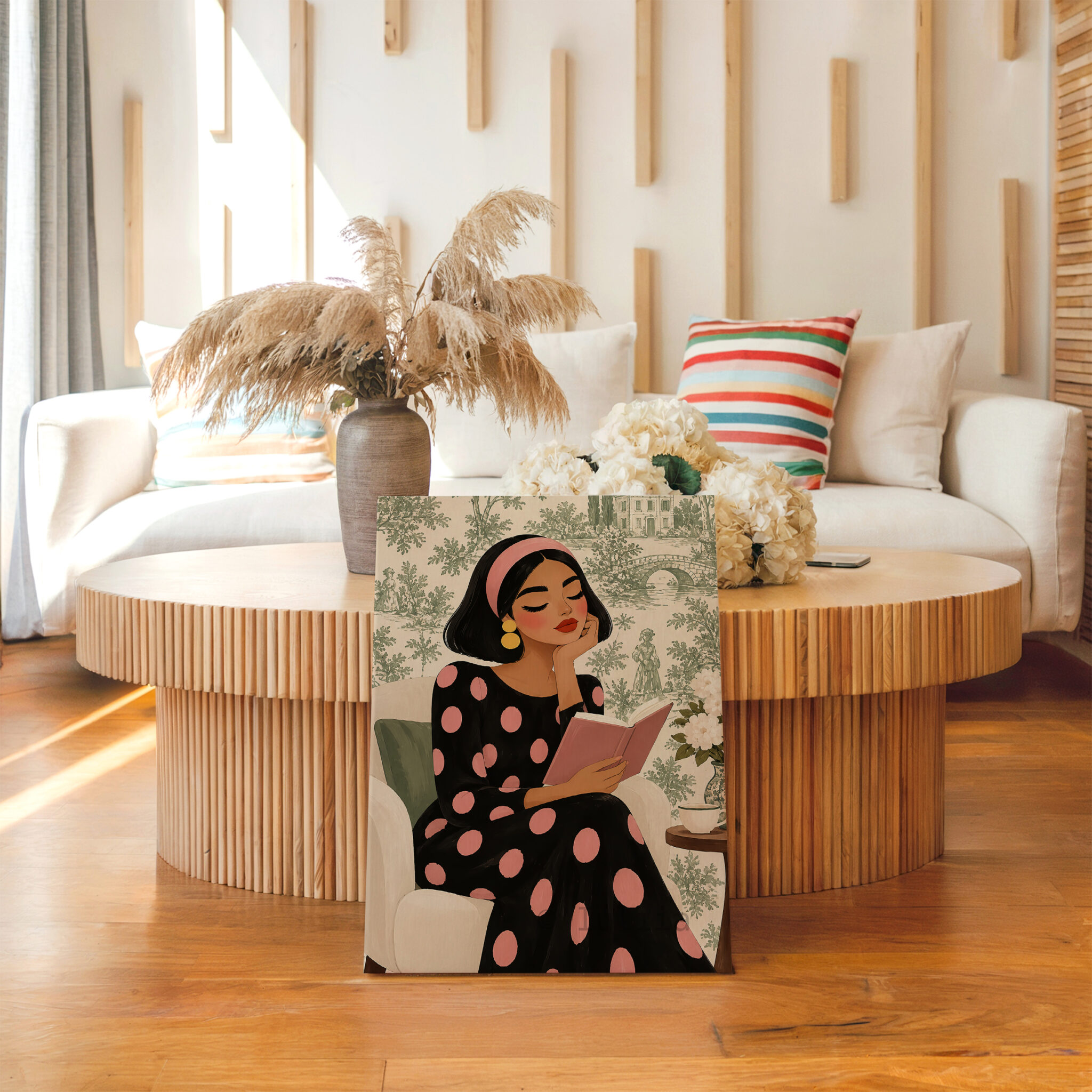 Romantic Vintage Canvas, Woman Reading a Pink Book in Polka Dot Dress, French Inspired Wall Art - photo #13
