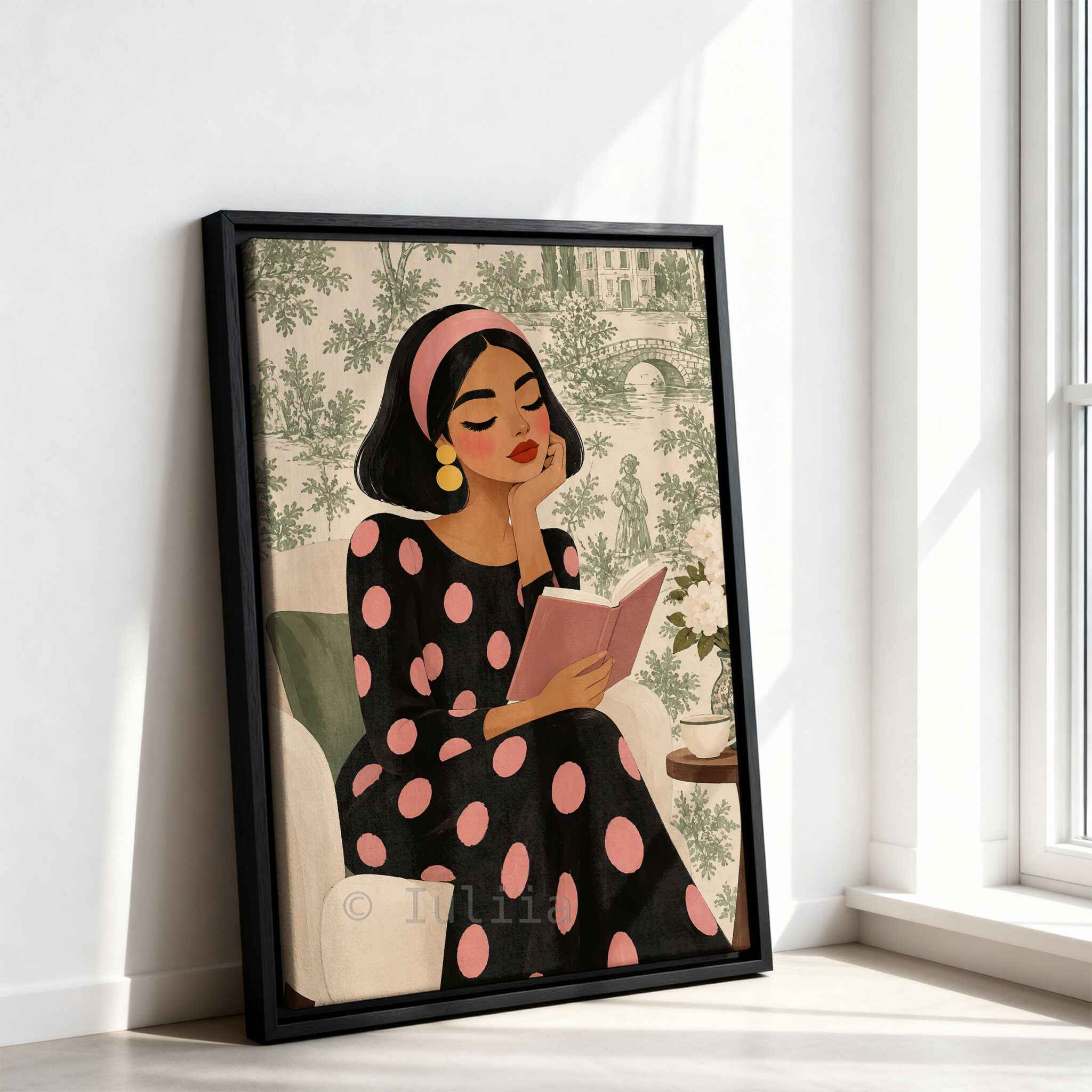 Romantic Vintage Canvas, Woman Reading a Pink Book in Polka Dot Dress, French Inspired Wall Art - photo #10