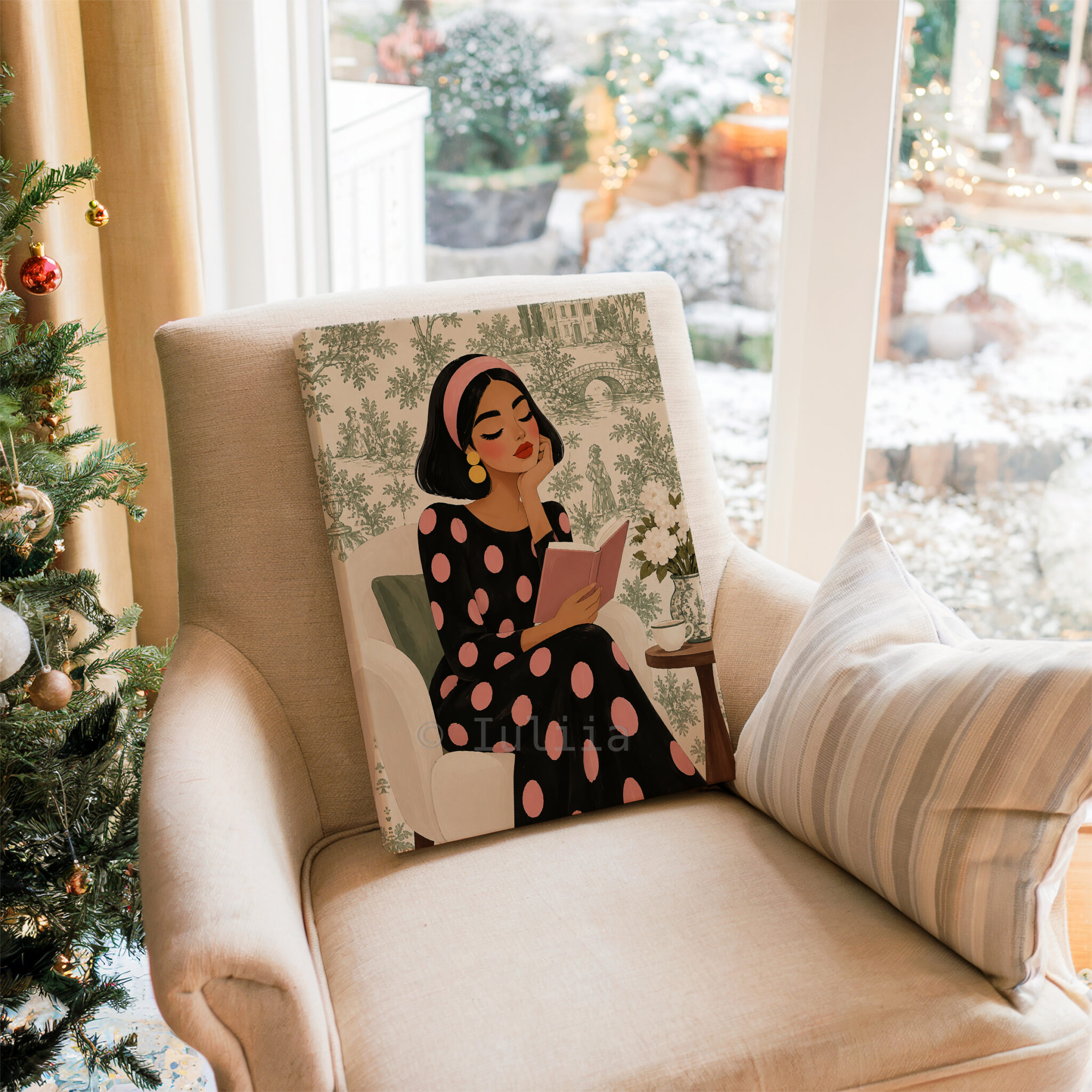 Romantic Vintage Canvas, Woman Reading a Pink Book in Polka Dot Dress, French Inspired Wall Art - photo #15