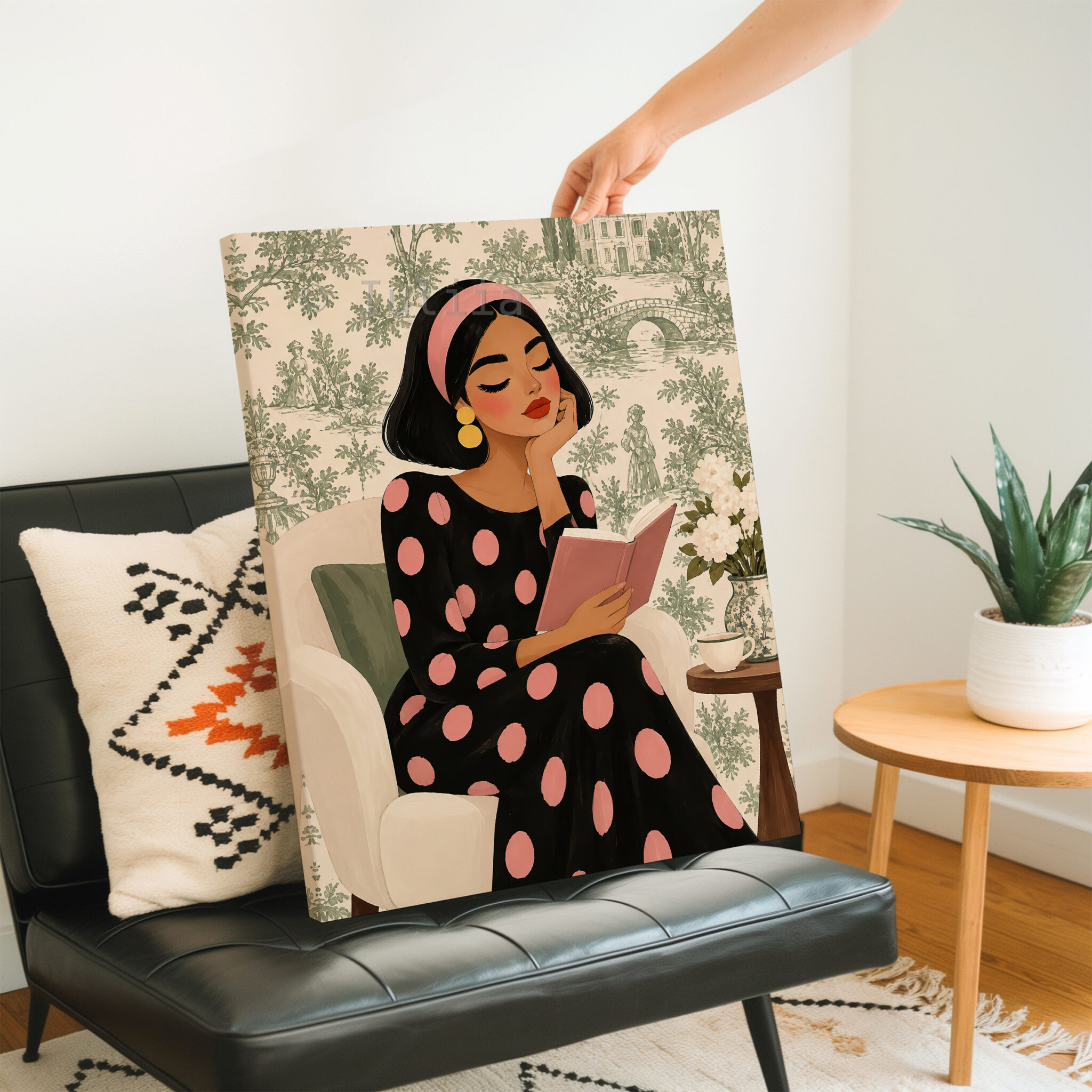 Romantic Vintage Canvas, Woman Reading a Pink Book in Polka Dot Dress, French Inspired Wall Art - photo #2