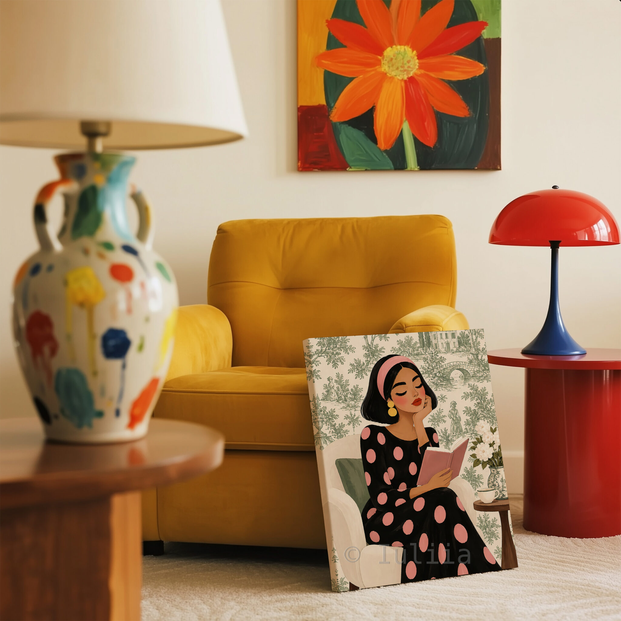 Romantic Vintage Canvas, Woman Reading a Pink Book in Polka Dot Dress, French Inspired Wall Art - photo #11