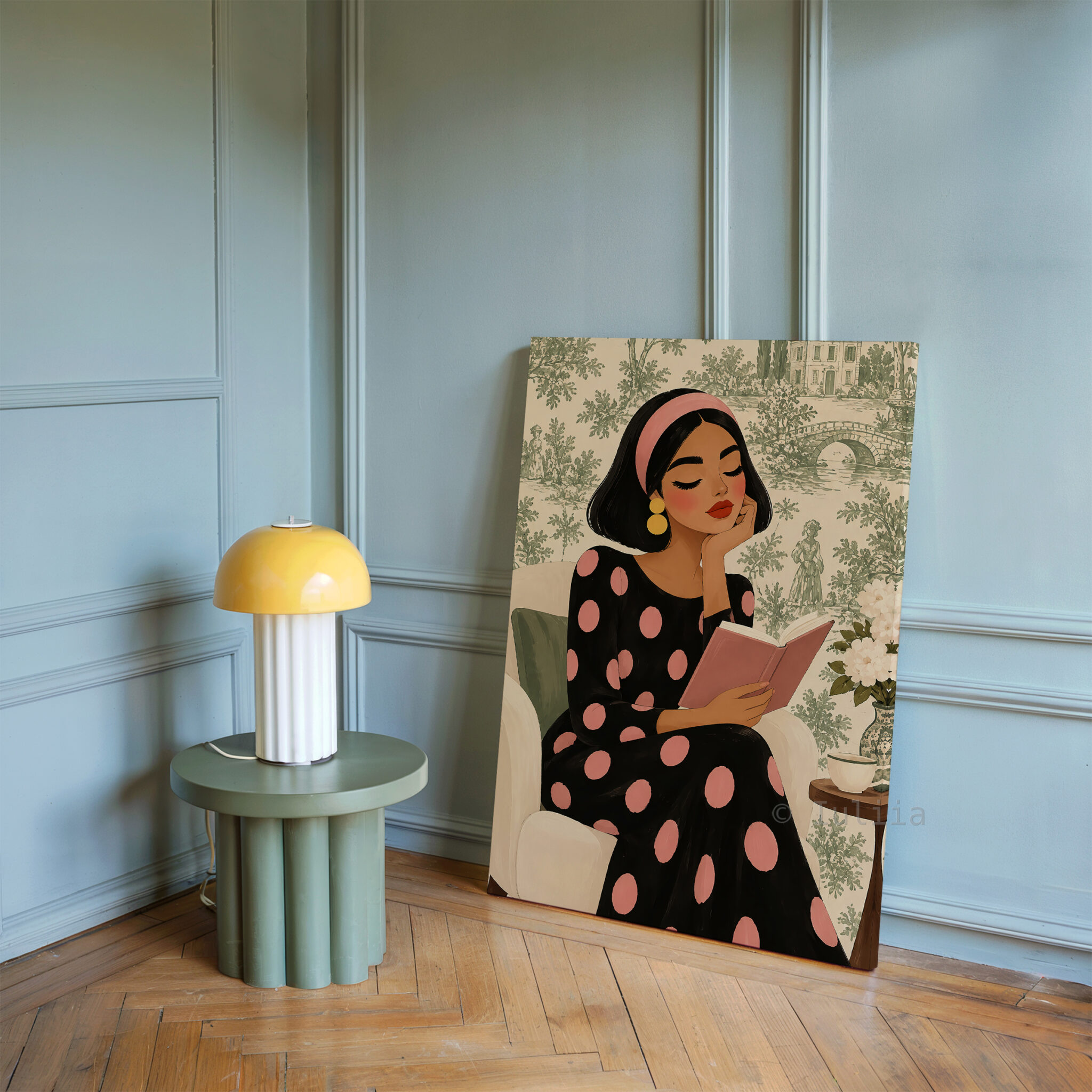 Romantic Vintage Canvas, Woman Reading a Pink Book in Polka Dot Dress, French Inspired Wall Art - photo #16