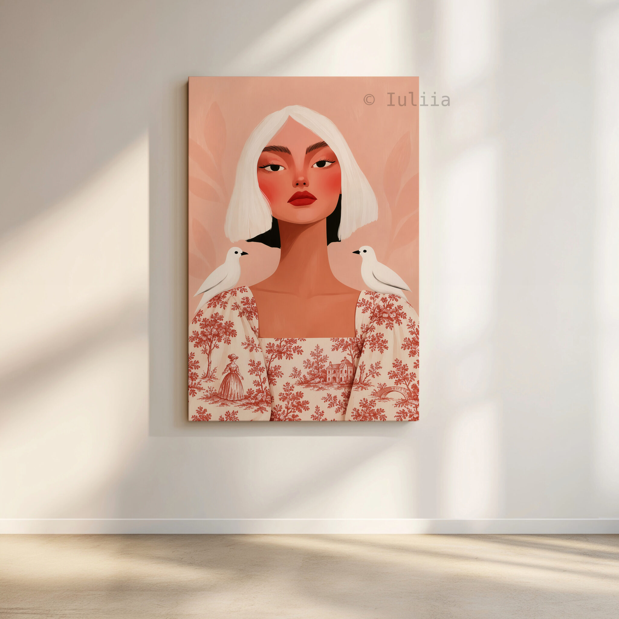 Toile de Jouy Portrait Canvas, Woman with White Birds, French Scenic Dress, Peach Wall Art