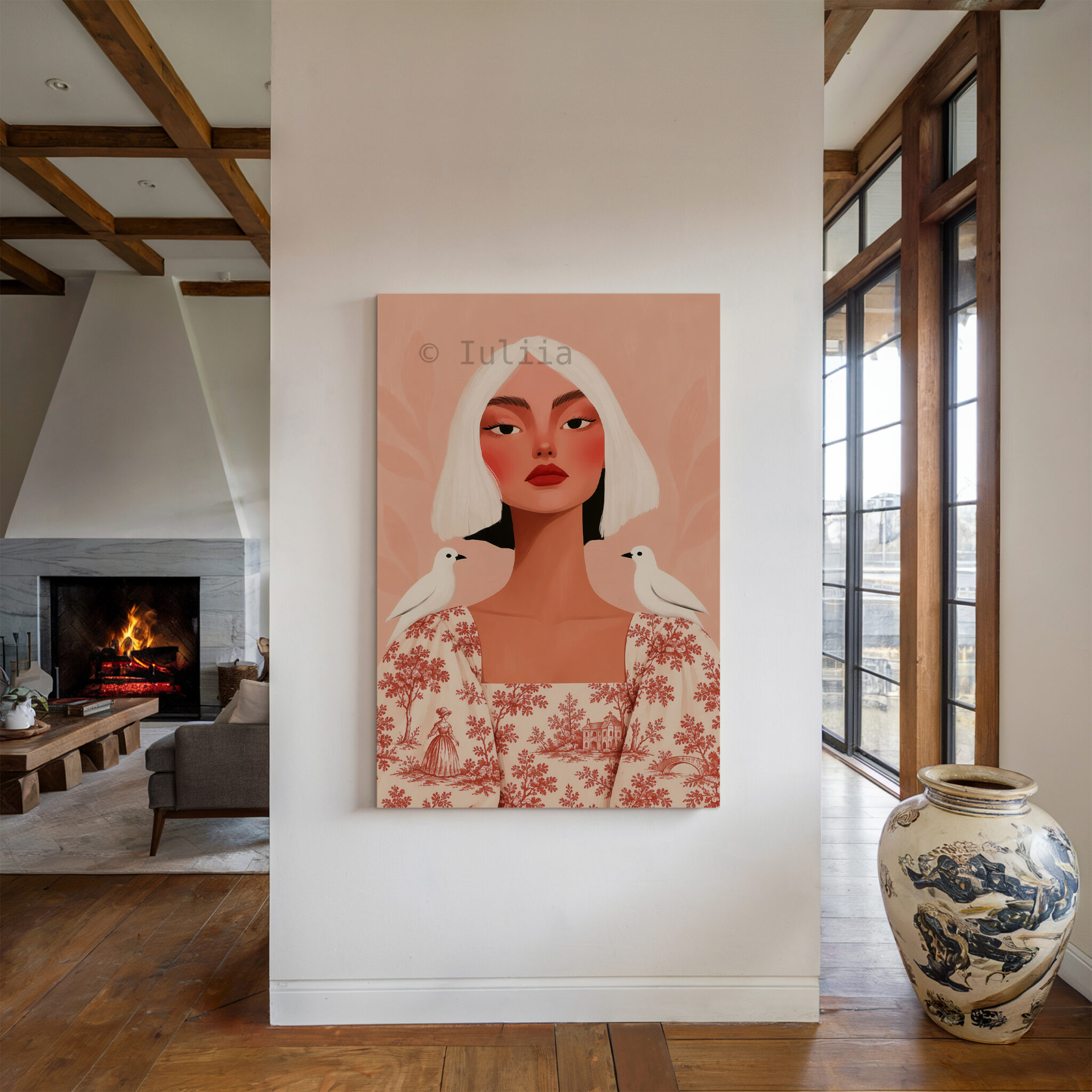 Toile de Jouy Portrait Canvas, Woman with White Birds, French Scenic Dress, Peach Wall Art - photo #4