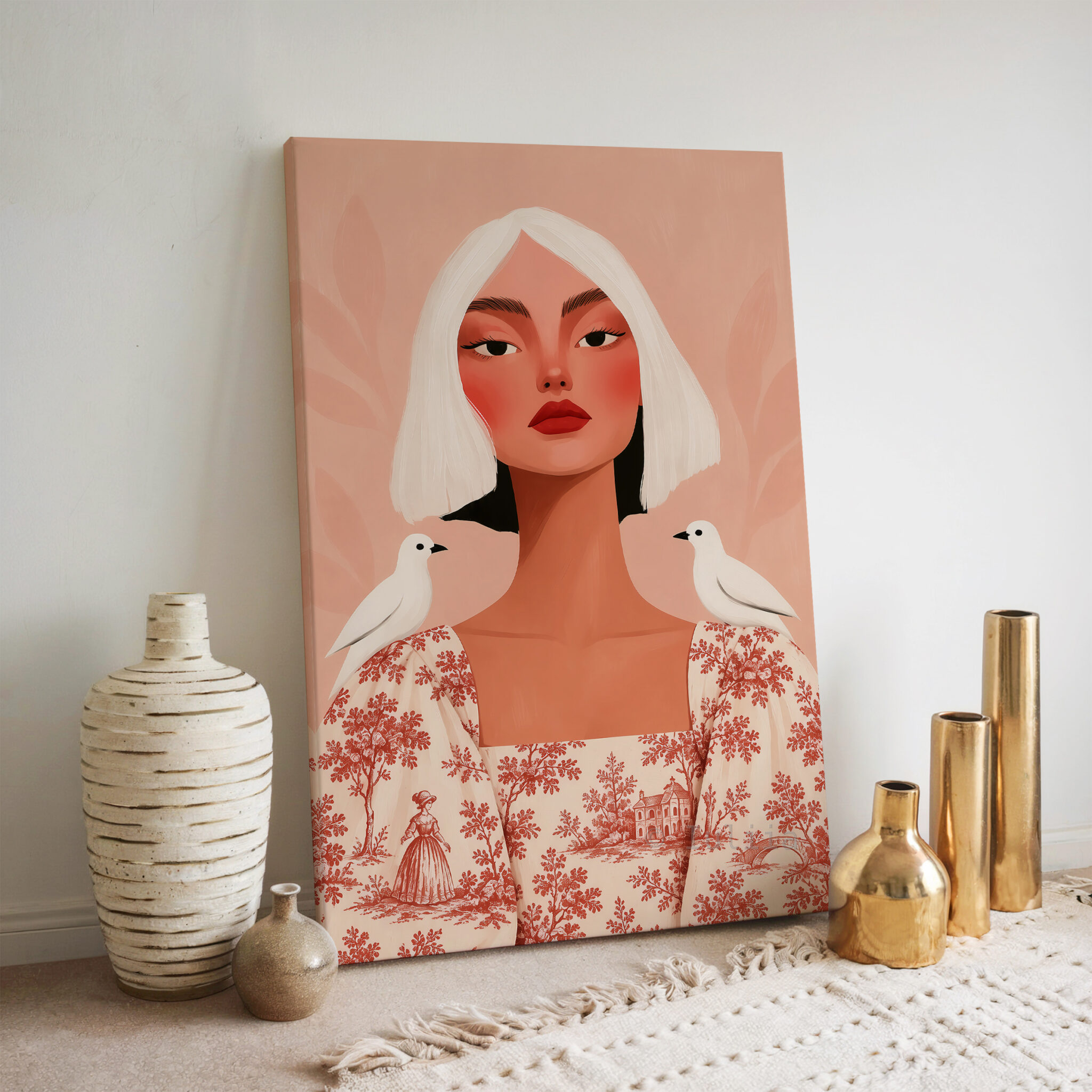 Toile de Jouy Portrait Canvas, Woman with White Birds, French Scenic Dress, Peach Wall Art - photo #6