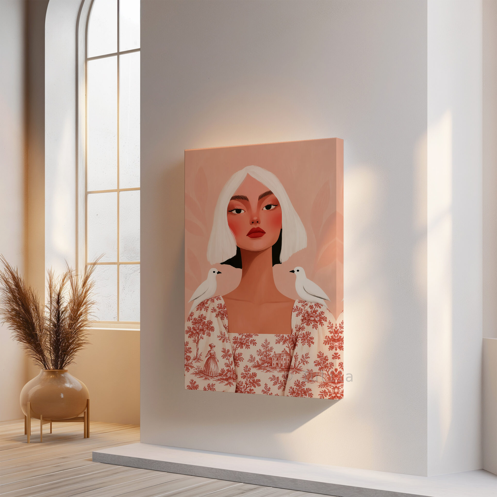 Toile de Jouy Portrait Canvas, Woman with White Birds, French Scenic Dress, Peach Wall Art - photo #14