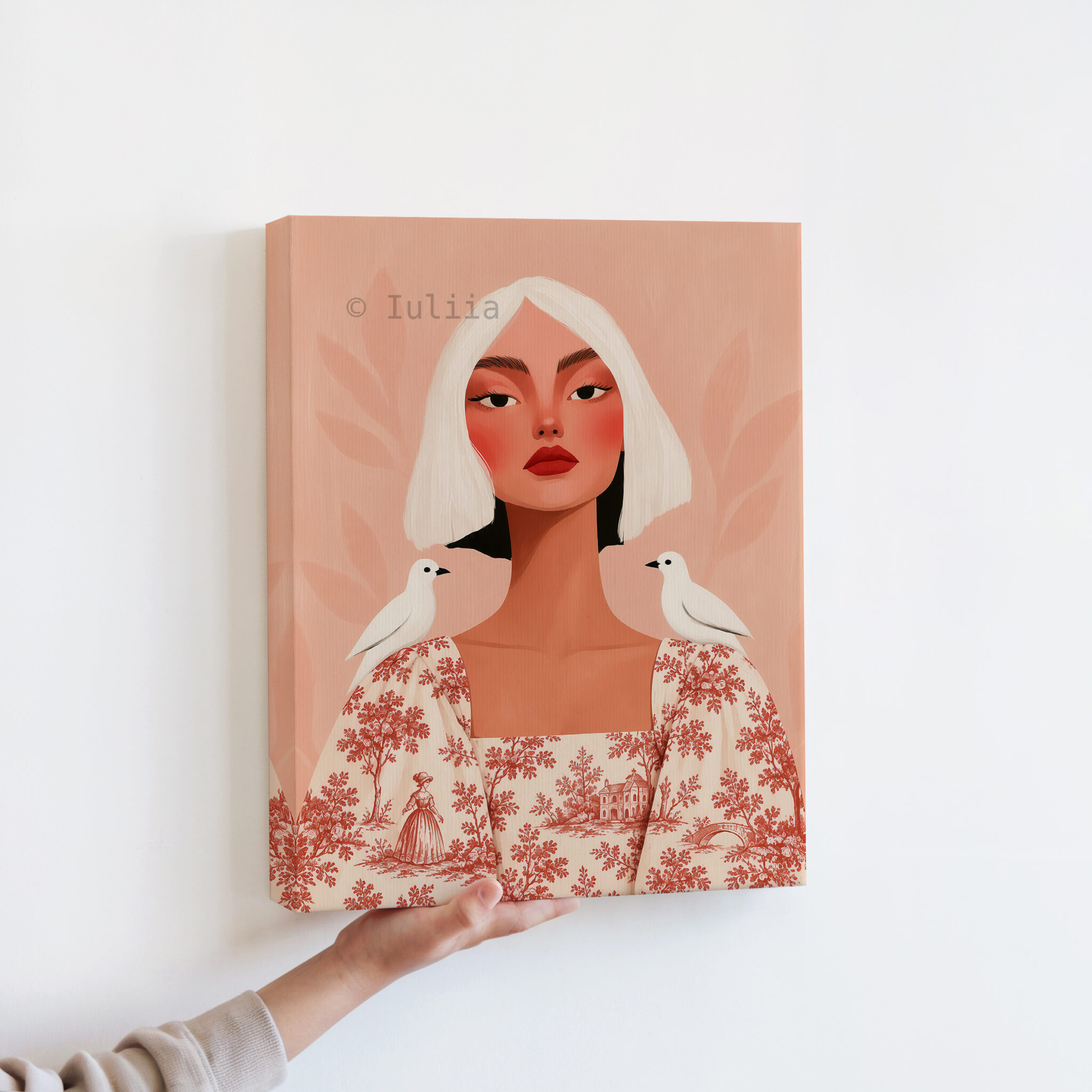 Toile de Jouy Portrait Canvas, Woman with White Birds, French Scenic Dress, Peach Wall Art - photo #12
