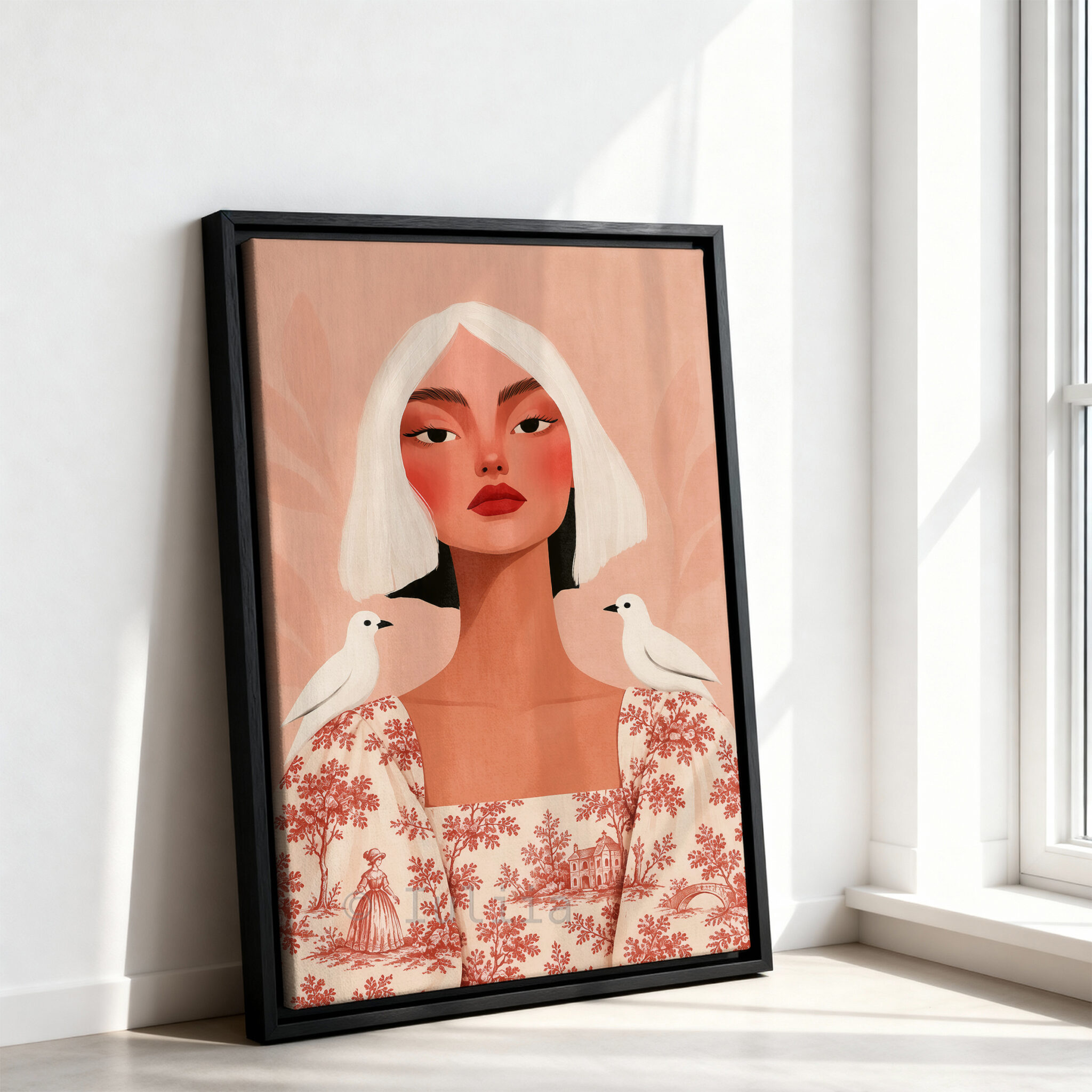 Toile de Jouy Portrait Canvas, Woman with White Birds, French Scenic Dress, Peach Wall Art - photo #10
