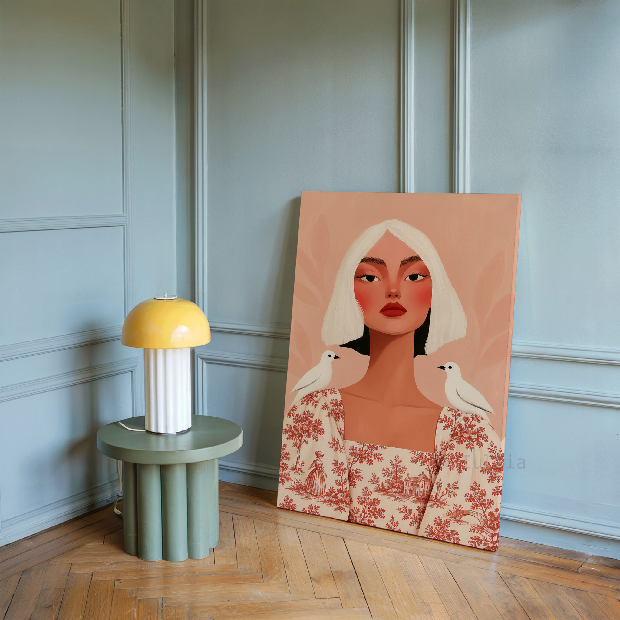Toile de Jouy Portrait Canvas, Woman with White Birds, French Scenic Dress, Peach Wall Art - photo #16